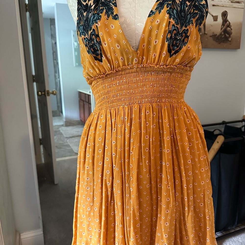 Free People Yellow Gold Smocked Mini Dress Plunge Neckline